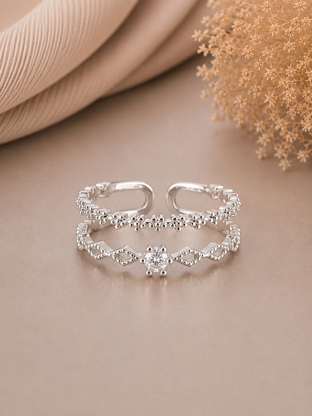Silver Floral Adjustable Double Ring